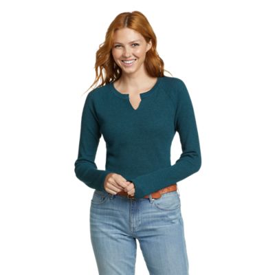 Eddie Bauer Women's Myriad Thermal-Jersey Mix Henley, Antique Bronze,  X-Small at  Women's Clothing store